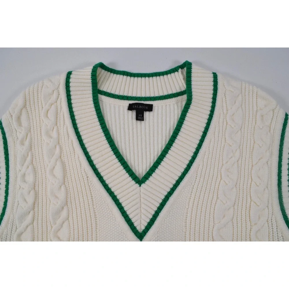 TALBOTS Sweater Vest Womens XS White Cable Knit V Neck Green Trim Preppy - Picture 6 of 13